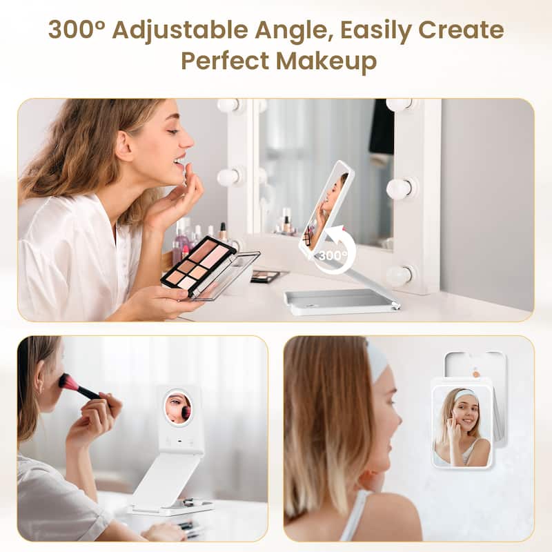 Foldable Portable LED Makeup Mirror with 5X Magnification and Adjustable Brightness - 8"L x 5.3"W