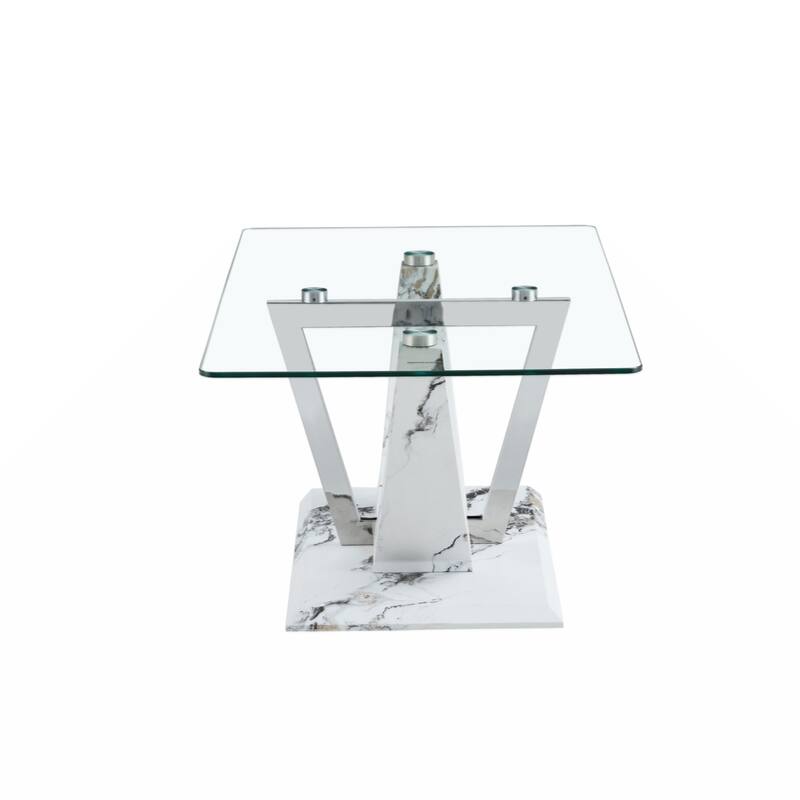 glass coffee table with marble patterned MDF legs and stainless steel decorative columns