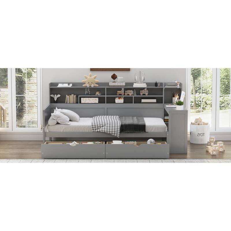 Wooden Twin Size Daybed with Storage Shelves, Multi-functional Bed with Two Storage Drawers and Study Desk