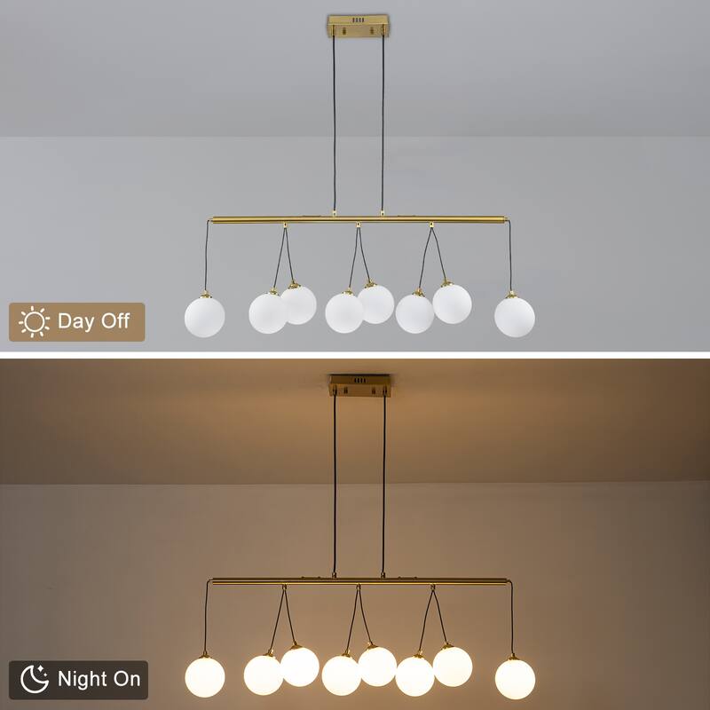 8-Light Gold Linear Kitchen Island Pendant Light Frosted Glass Globes - Dia.39.37-in