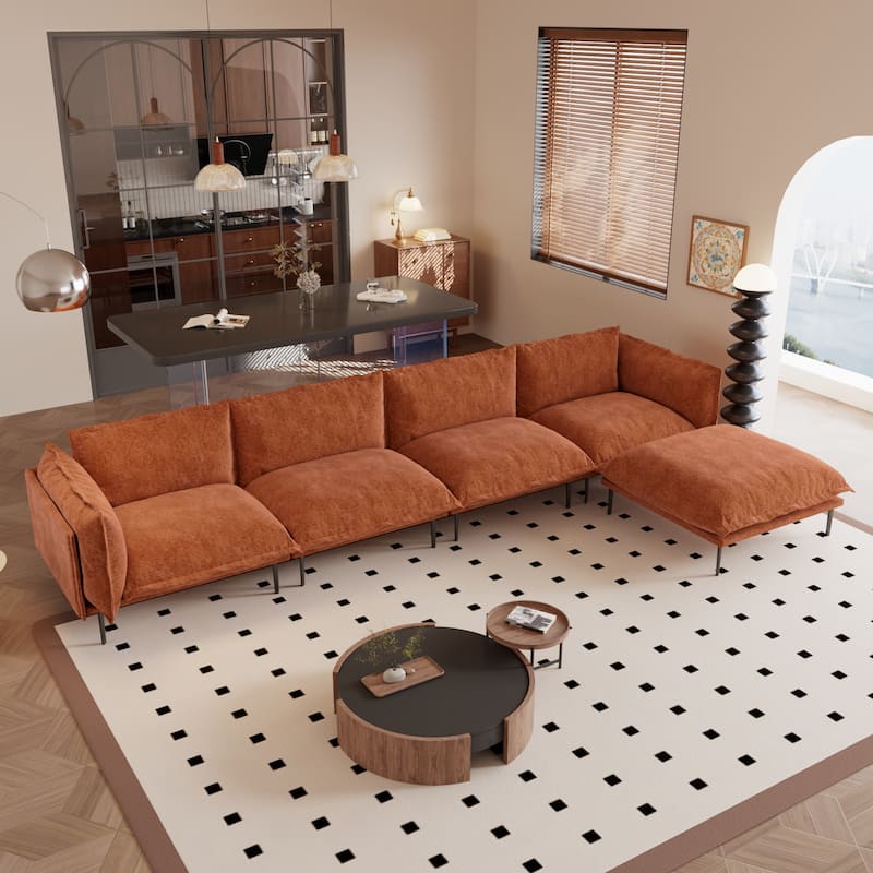 147" L-Shaped Chenille Comfy Sectional Couches for Living Room 4-Seater Cloud Couches with Movable Ottomans - Orange