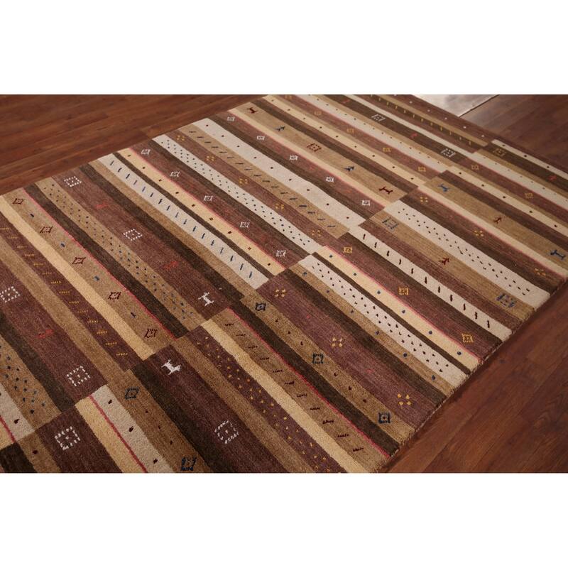 Tribal Striped Gabbeh Indian Area Rug Hand-Knotted Wool Carpet - 5'3"x 7'9"