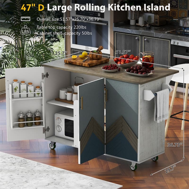 Retro Mountain Wood Kitchen Island with Drop Leaf, Storage Rack