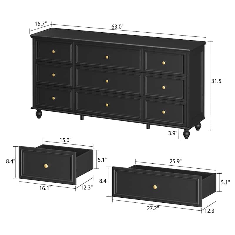 63"W Wood Dresser Bedroom Storage Drawer Organizer Closet 9 Drawer