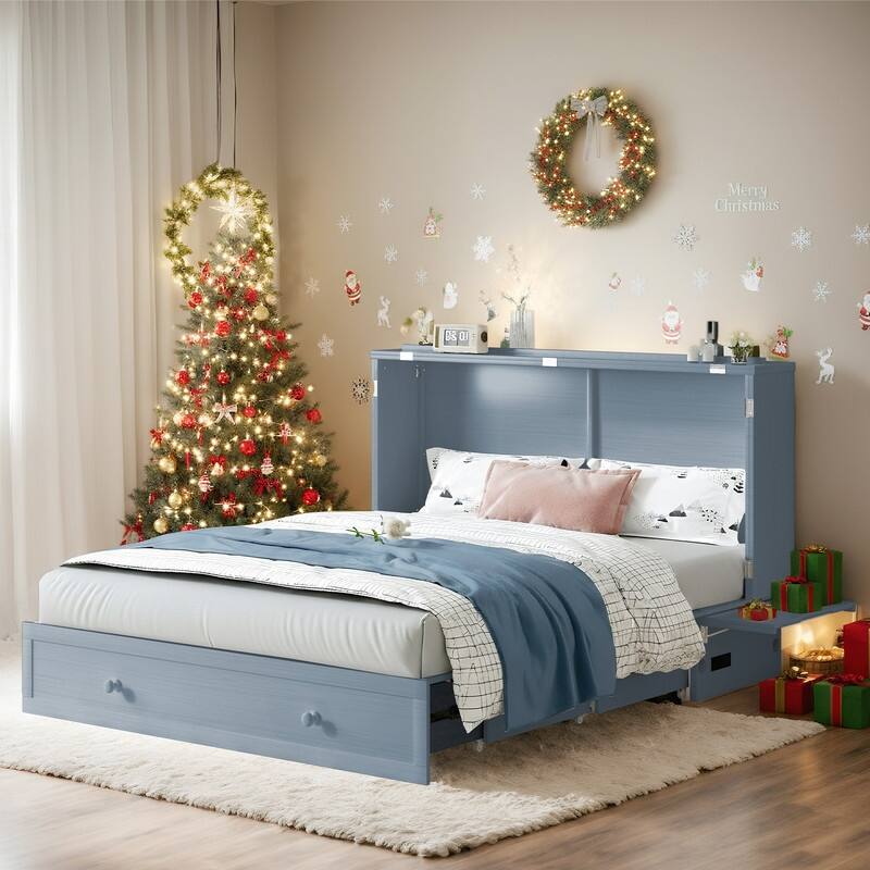 Mixoy Queen Murphy Bed Cabinet with Matress and Built-in Charger