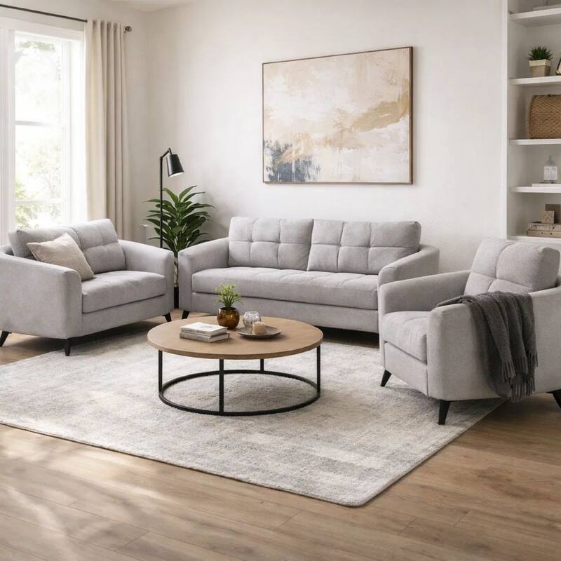 Odin 3 Piece Sofa, Loveseat, Chair Set, Tufted Cushions, Light Gray Velvet