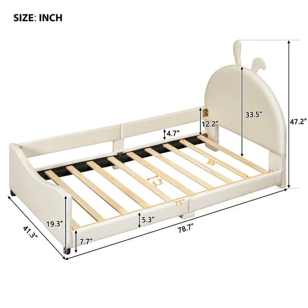 dimension image slide 2 of 6, Casual Upholstered Daybed with Guardrail, Classic Headboard Footboard, Wood Slat Support Bed for Children Kids Platform Bed