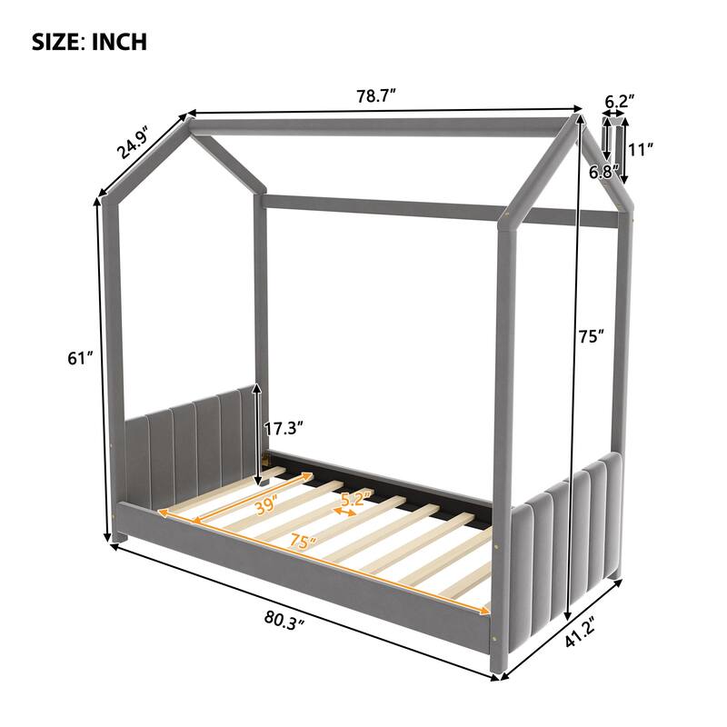 Twin/Full Size Velvet Upholstered House Bed for Kids with Roof Design, Playful and Cozy, Easy Assembly