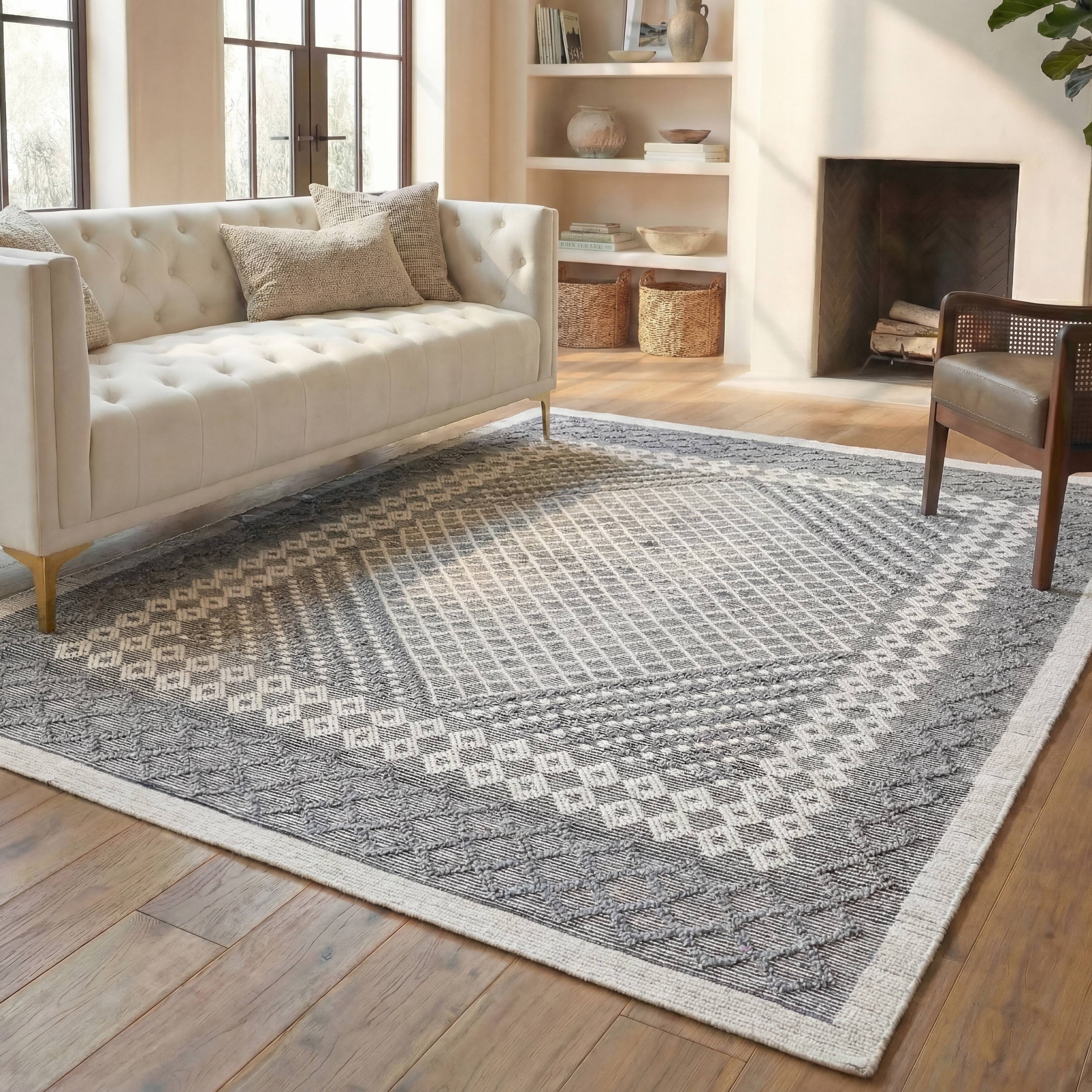 SAFAVIEH Handmade Natura Teresina Transitional Geometric Cream/Navy Wool Rug
