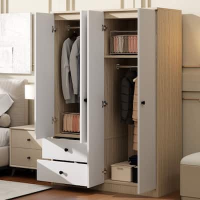 White Natural 4 Door Wood Bedroom Wardrobe Closet With Drawers Shelves - 47"l