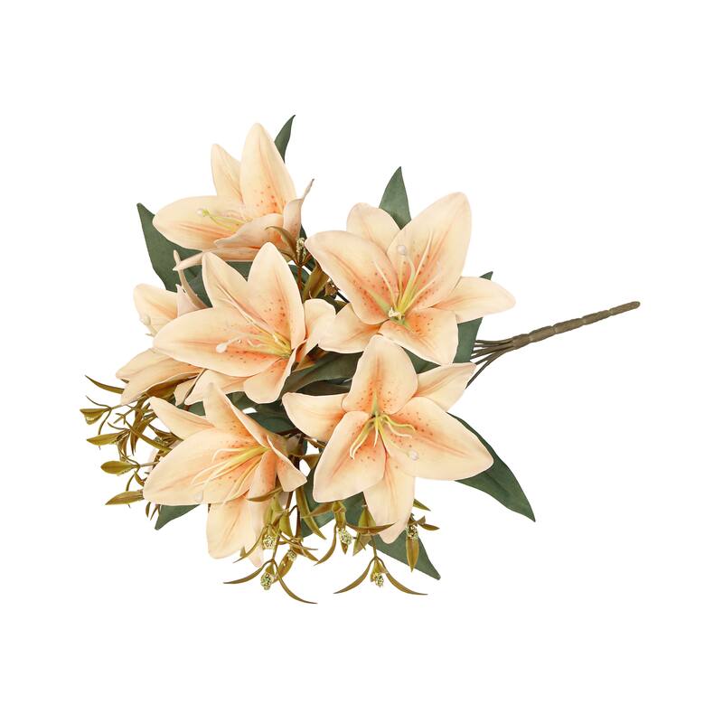 Set of 4 Champagne Peach Artificial Stargazer Lily Flower Stem Bush Bouquet 13in - 13" L x 8" W x 8" DP