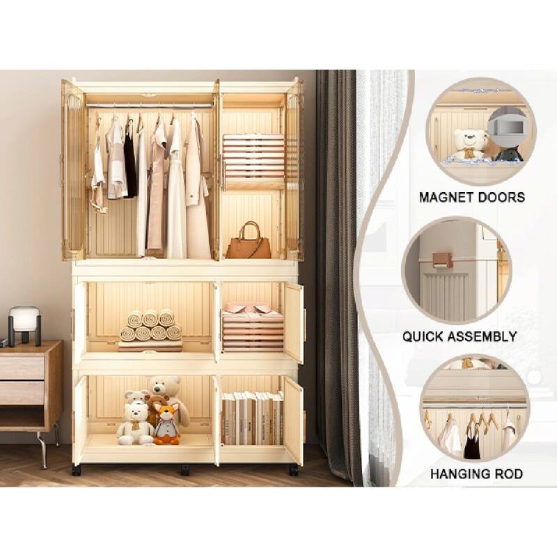 Portable Wardrobe Closet Storage Organizer - 9 Magnetic Doors, 9 Cubes & 1 Hanging Rod, Includes 6 Hangers