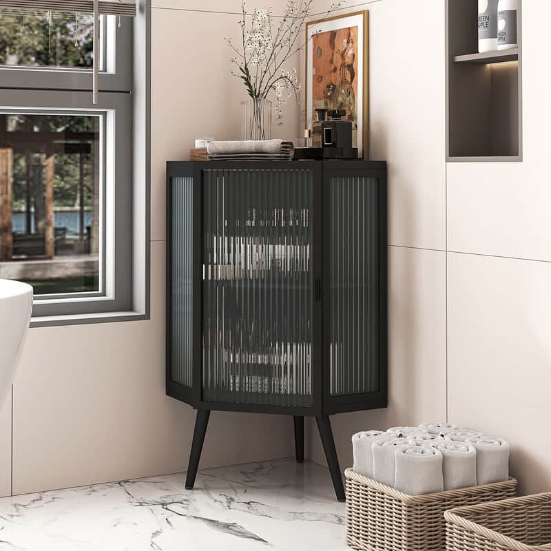 Grondin Modern Style 22.25" Bathroom Corner Storage Cabinet with Tempered Glass Doors and Interior Adjustable Shelf