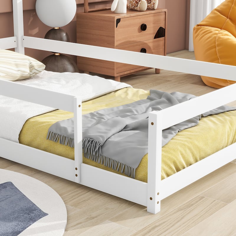 Toddler Floor Bed with Fences, House-shaped Headboard and Chimney, Twin Size No Slats Platform Bed for Kids Boys Girls