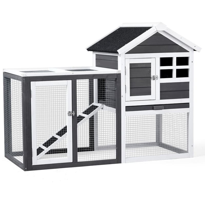 Wooden Rabbit Hutch Outdoor Chicken Coop Indoor Bunny Cage with Run - N/A - Grey