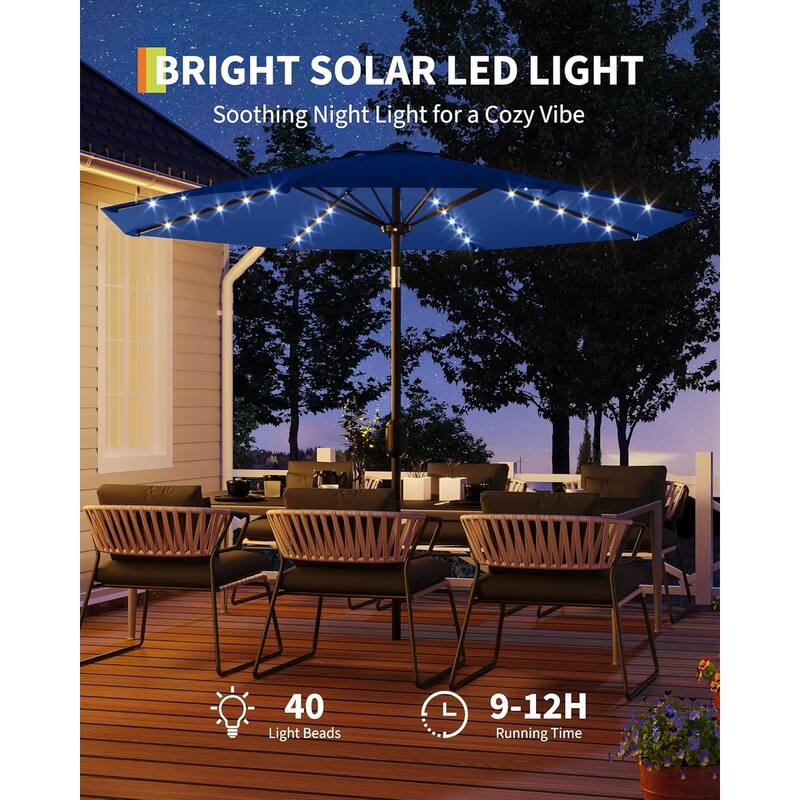 10 Ft Patio Umbrella with Solar Lights, Outdoor Table Umbrella with 40 LED Lights & Tilt Crank