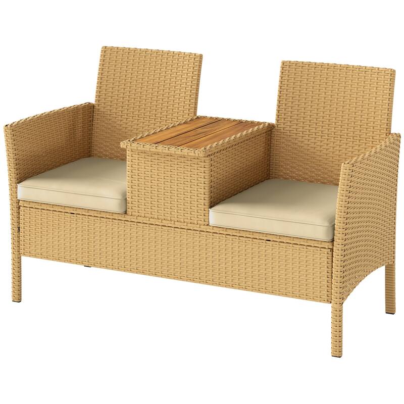 Khaki PE Rattan Steel Patio Loveseat with Cushions and Storage Table - 52.8" W x 22.8" D x 32.3" H - Khaki