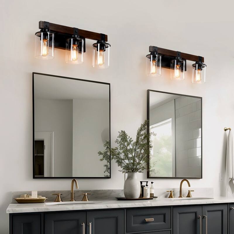 Vanity Light, Industrial Bathroom Wall Sconce with Glass Shades and Wood Accent, Modern Farmhouse Lighting Fixture (No Bulbs)