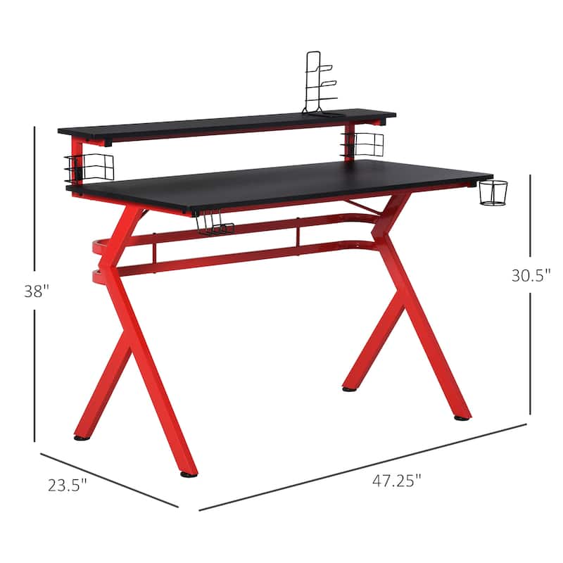 HOMCOM 47" Gaming Desk Computer Table for Home Office with Headphone Hook, Cup Holder, and Controller Rack, Red/Black