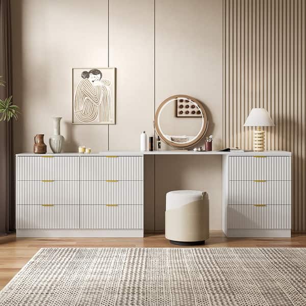 l shaped dresser 97.6'' Extendable Makeup Vanity Desk L-Shaped Home Office Desk With 6-Drawer Latitude Run Color (Top/Frame): Ivory/Khaki or extra storage for your bedroom essentials L shaped desk/vanity with dresser