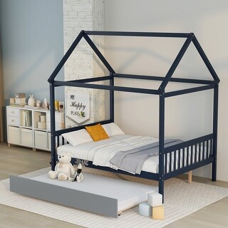 Full Size House Bed with Trundle and Roof, Made from Solid Pine Wood