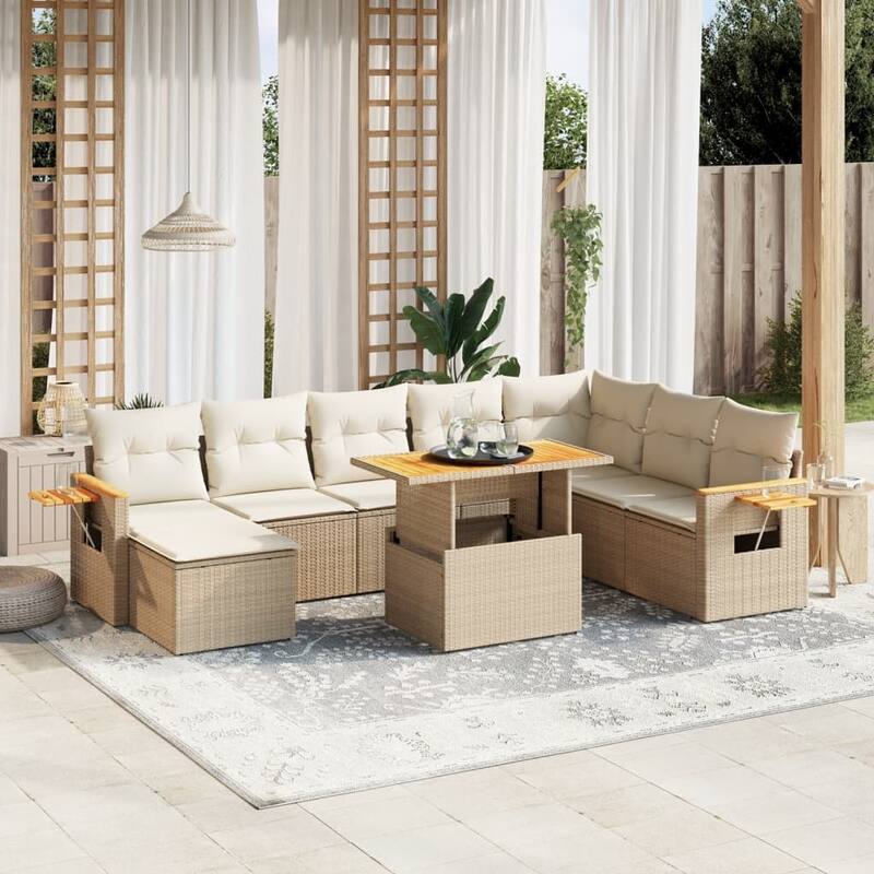 vidaXL Patio Sofa Set with Cushions Table and Stool Outdoor 9 Piece Poly Rattan - 21.7 x 39.4 x 28.7 in - Beige and cream