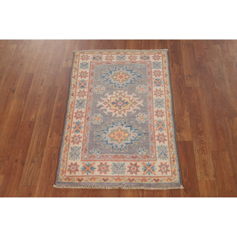 Gray Geometric Kazak Oriental Rug Handmade Wool Carpet - 2'0" x 3'0"
