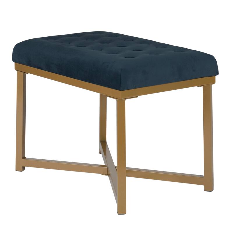 Silver Orchid Pugo Rectangular Ottoman with Midnight Velvet Tufted Cushion and Gold Metal X Base