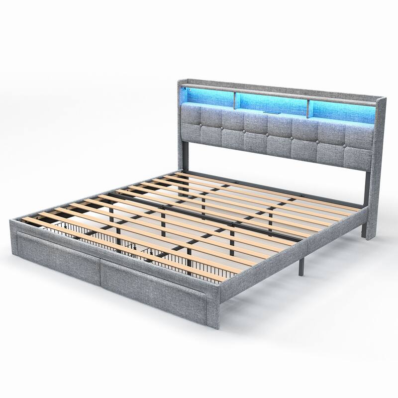 King Size Upholstered Platform Bed with LED Lights, Charging Station & Storage Headboard, No Box Spring Needed