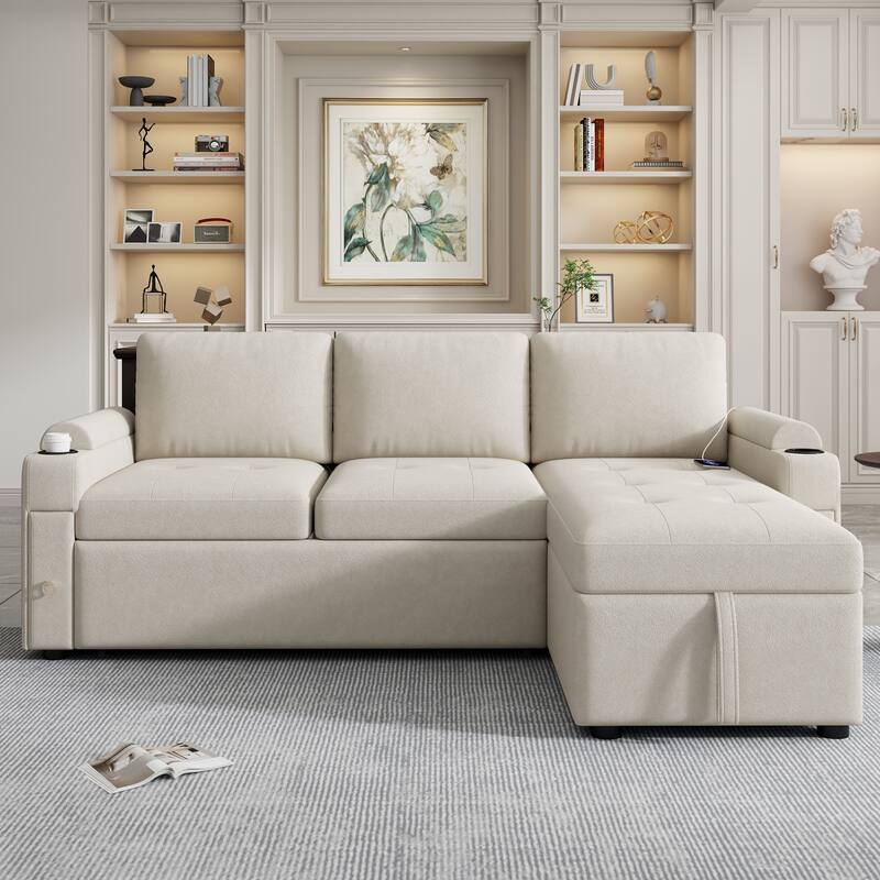 L-Shaped Convertible Sofa Bed with Reversible Chaise Lounge, Chenille Fabric Sectional Sofa with 2 Cup Holders & 2 USB Ports