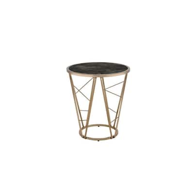 24" Black Faux Marble Glass Side Table with Abstract Champagne Metal Base for Living Room or Bedroom - 22"Dia x 24"H