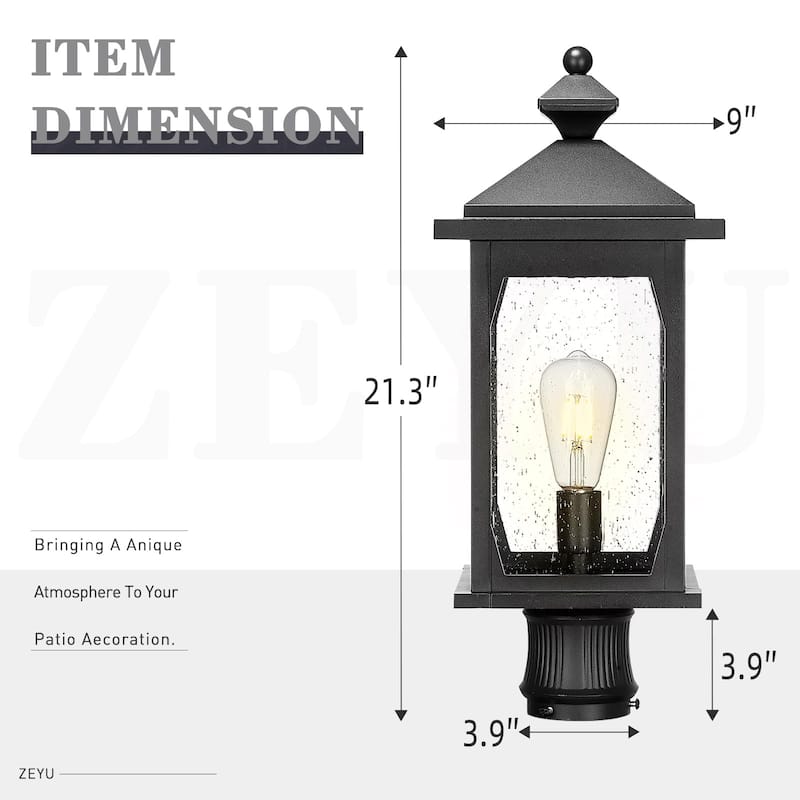 21" Black Farmhouse Post Light - Die-Cast Aluminum with Seeded Glass - Large