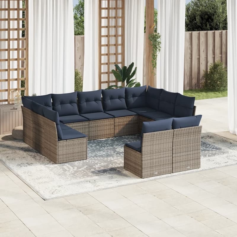 vidaXL 11/12 Piece Patio Sofa Set with Cushions Black/Brown/Gray Poly Rattan - 21.7 x 24.4 x 27.2 - Beige and gray Without table