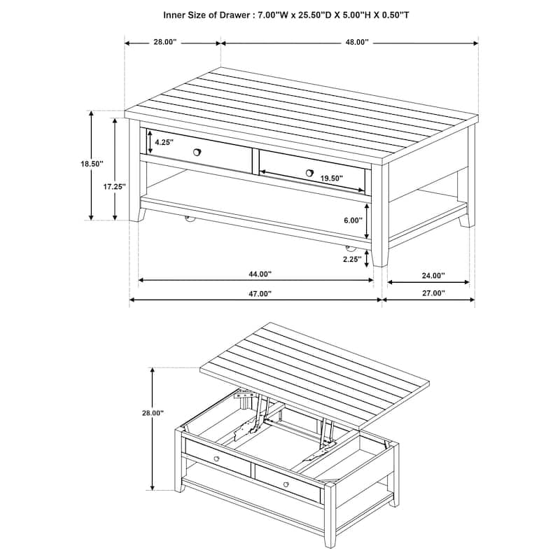 Payne 48-inch Mobile Lift Top Coffee Table - 48" x 28.25" x 18.25"