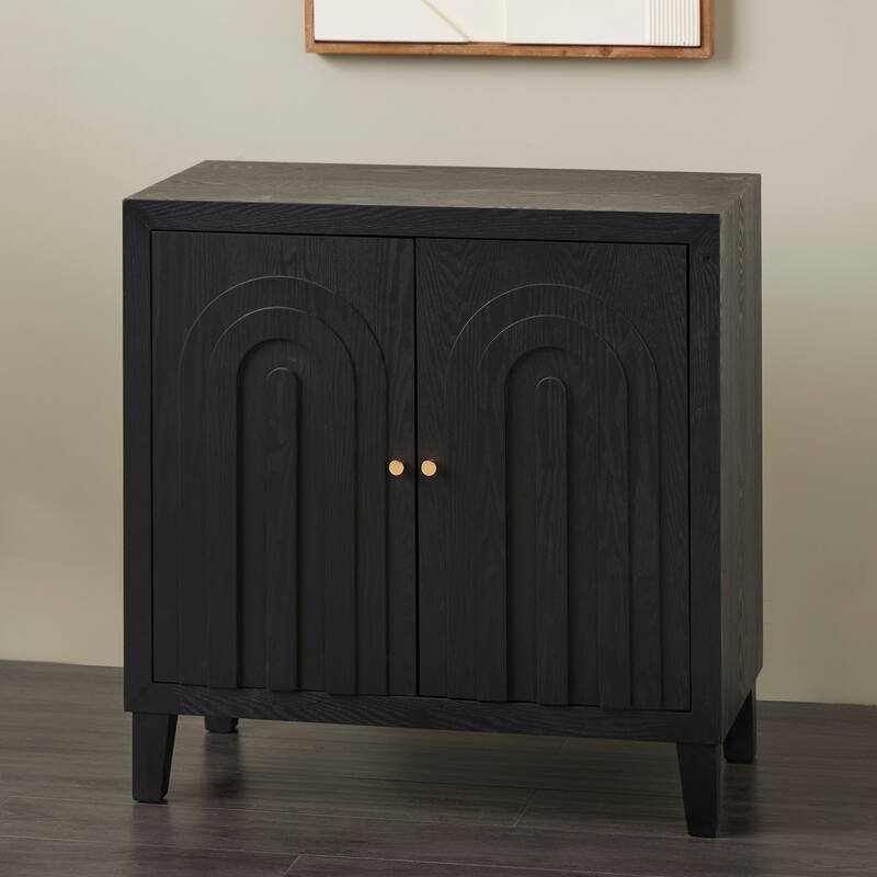 Black Wooden Art Deco Inspired Carved Arch 2 Door Geometric Cabinet with Gold Knobs - Black