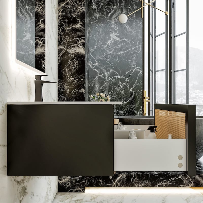 Nets 44 in. Natural Oak/Black SS Bath Vanity with Solid Surface Top