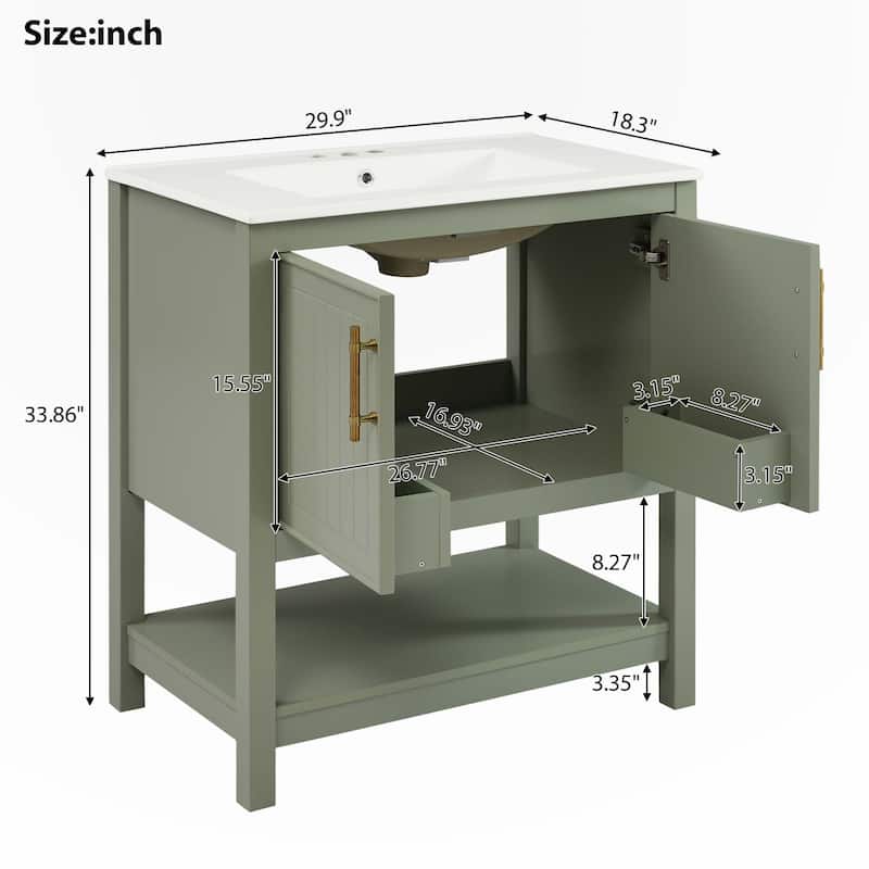 30-Inch Green Bathroom Vanity with Ceramic Sink
