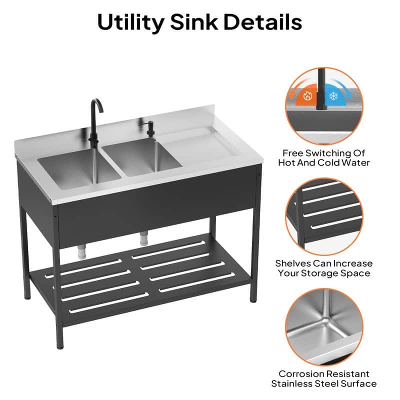 47.5 In.Heavy-Duty Freestanding Stainless Steel Double Bowl Utility Sink With Faucet