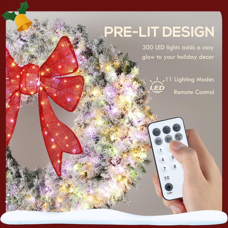 HOMCOM 60in Pre-Lit Flocked Wreath: 300 LED, 11 Modes, Remote, 3D Bow, 996 Tips, Indoor/Outdoor