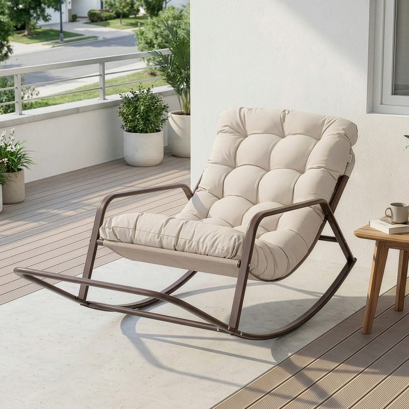Oversized Outdoor Papasan Rocking Lounge Chair with Thick Cushion, Heavy-Duty Metal Patio Rocker Recliner, 450 lbs Capacity - Beige / 1 PC