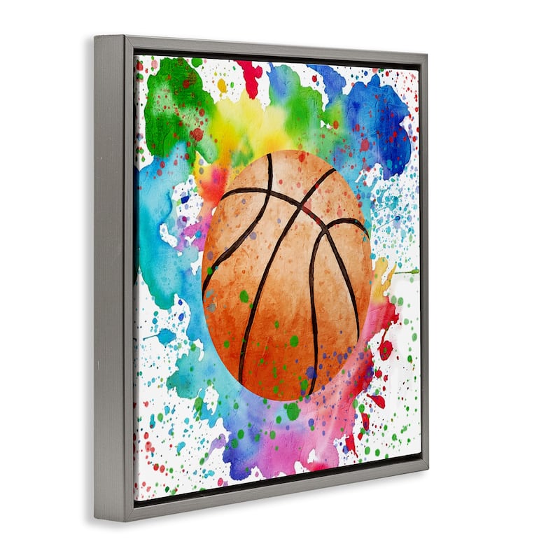 Stupell Basketball with Bright Splash Framed Floater Canvas Wall Art Design By Kim Allen
