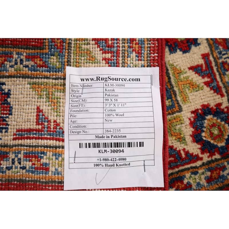 Red Geometric Kazak Oriental Accent Rug Hand-Knotted Wool Carpet - 1'11" x 3'3"