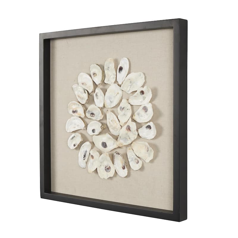 Shell Handmade Abstract Circular Wall Decor with Beige Linen Backing and Black Frame - Cream - Roche River Decor