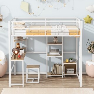 White Loft Bed with Desk Stool Underneath, Full Size Loft Metal Bed with Shelves and Cabinet Underneath for Student Teens Bed