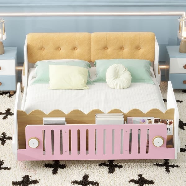 slide 2 of 10, Full-Size Car Platform Bed with Cushion Headboard and Footboard Shelves, White White