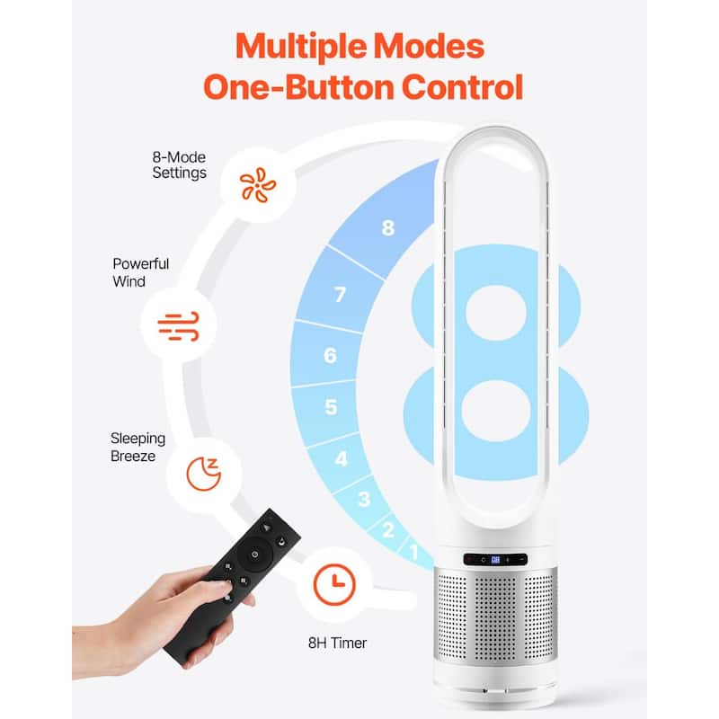 8 Speed Bladeless Oscillating Tower Fan with HEPA Filter and Low Noise for Bedroom or Living Room Use - 8.9 x 41.3 inch
