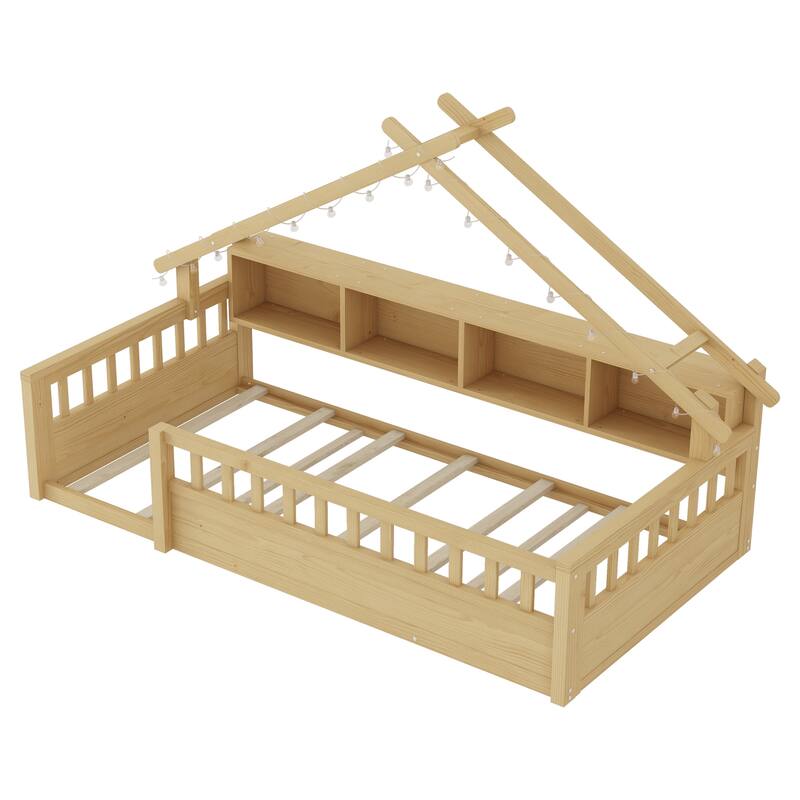 Floor Bed House Bed Frame with Storage Shelf Safety Guardrails