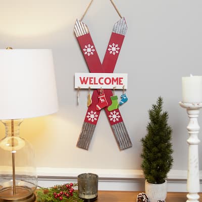 Wooden Welcome Skis with Christmas Stockings Hanging Decoration - 23.5"
