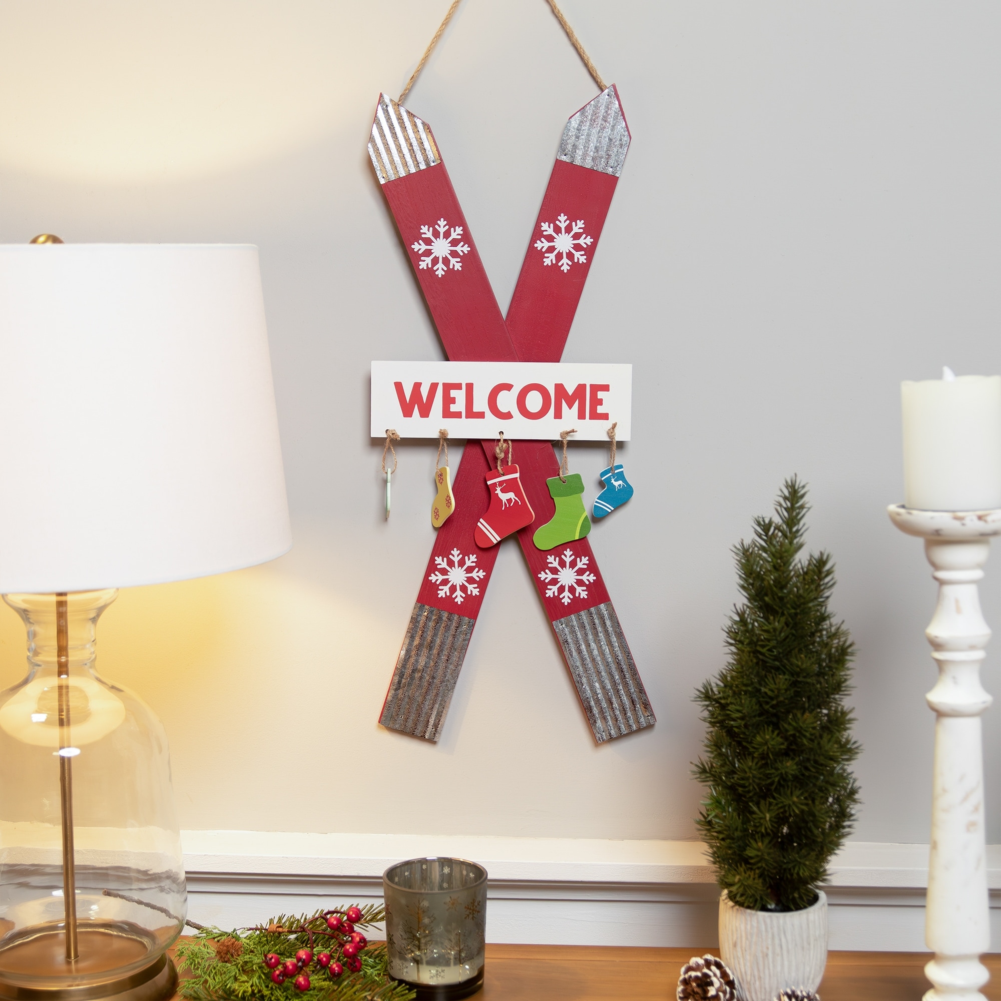 Wooden Welcome Skis with Christmas Stockings Hanging Decoration 23.5"