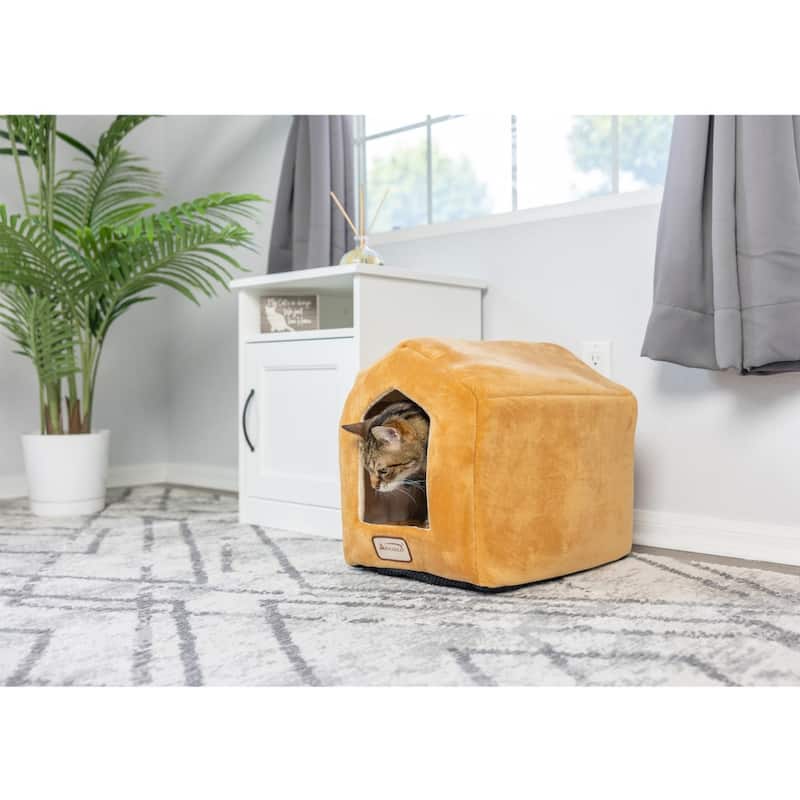 Small Indoor Cat house, Cat Beds With Mat, MachIne Washable, Earth Brown and Beige - 18"L x 14"W x 15"H